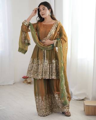 Olive color fendy satin silk embroidery work party wear salwar suit 2