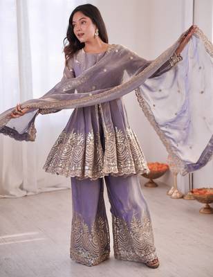 Lavender color fendy satin silk embroidery work party wear salwar suit 1