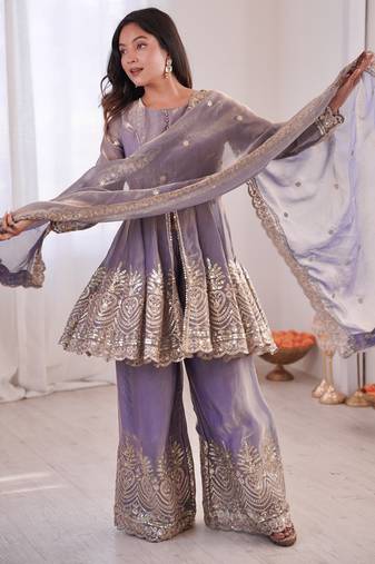 Lavender color fendy satin silk embroidery work party wear salwar suit