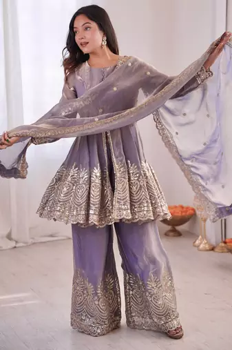 Lavender color fendy satin silk embroidery work party wear salwar suit