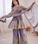 Lavender color fendy satin silk embroidery work party wear salwar suit