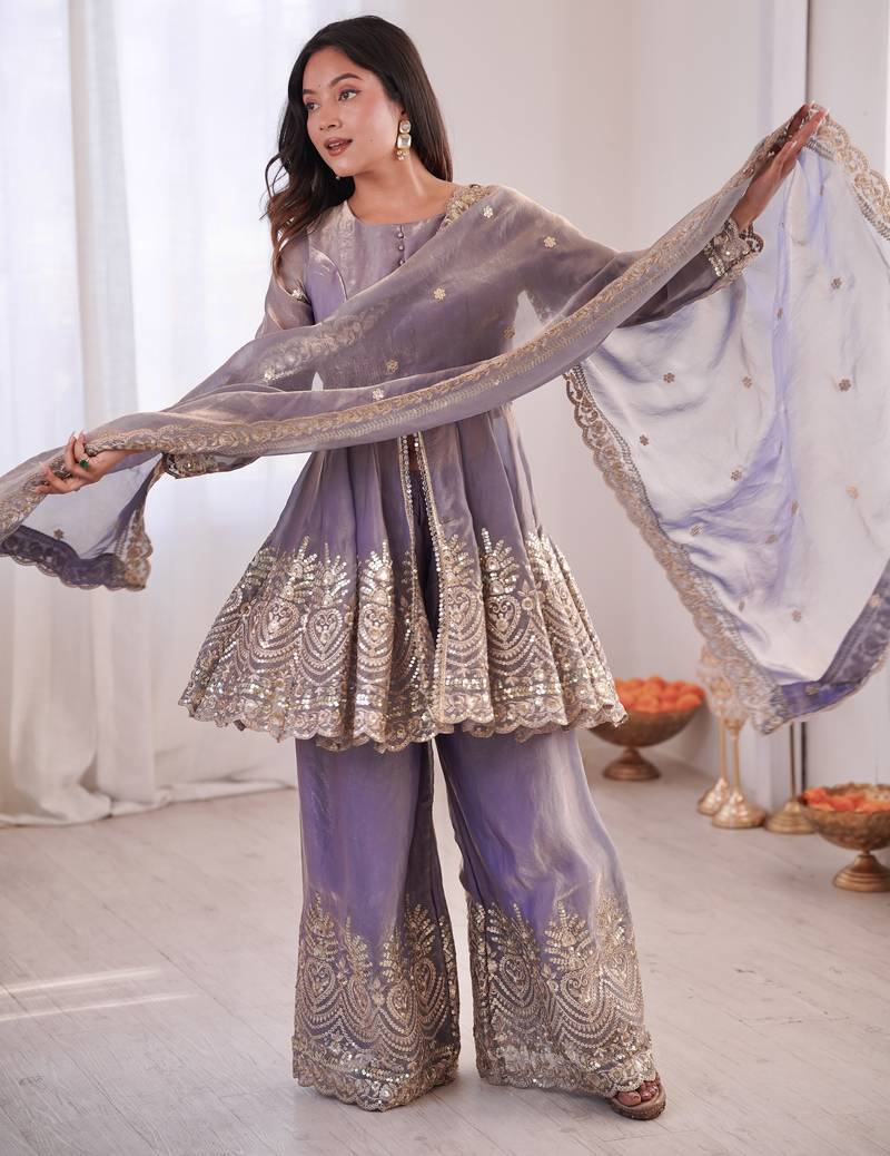 Lavender color fendy satin silk embroidery work party wear salwar suit