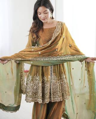 Olive color fendy satin silk embroidery work party wear salwar suit 3