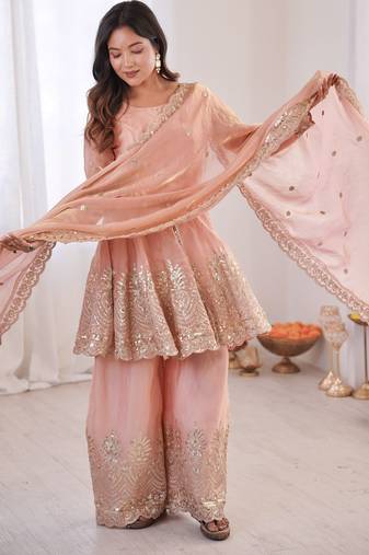 Light peach color fendy satin silk embroidery work party wear salwar suit