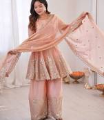 Light peach color fendy satin silk embroidery work party wear salwar suit