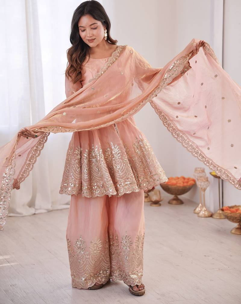 Light peach color fendy satin silk embroidery work party wear salwar suit