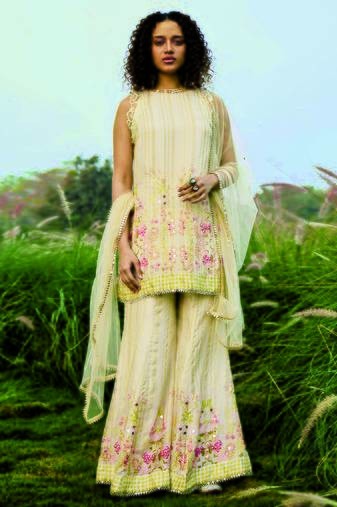 Cream embroidered net sharara set