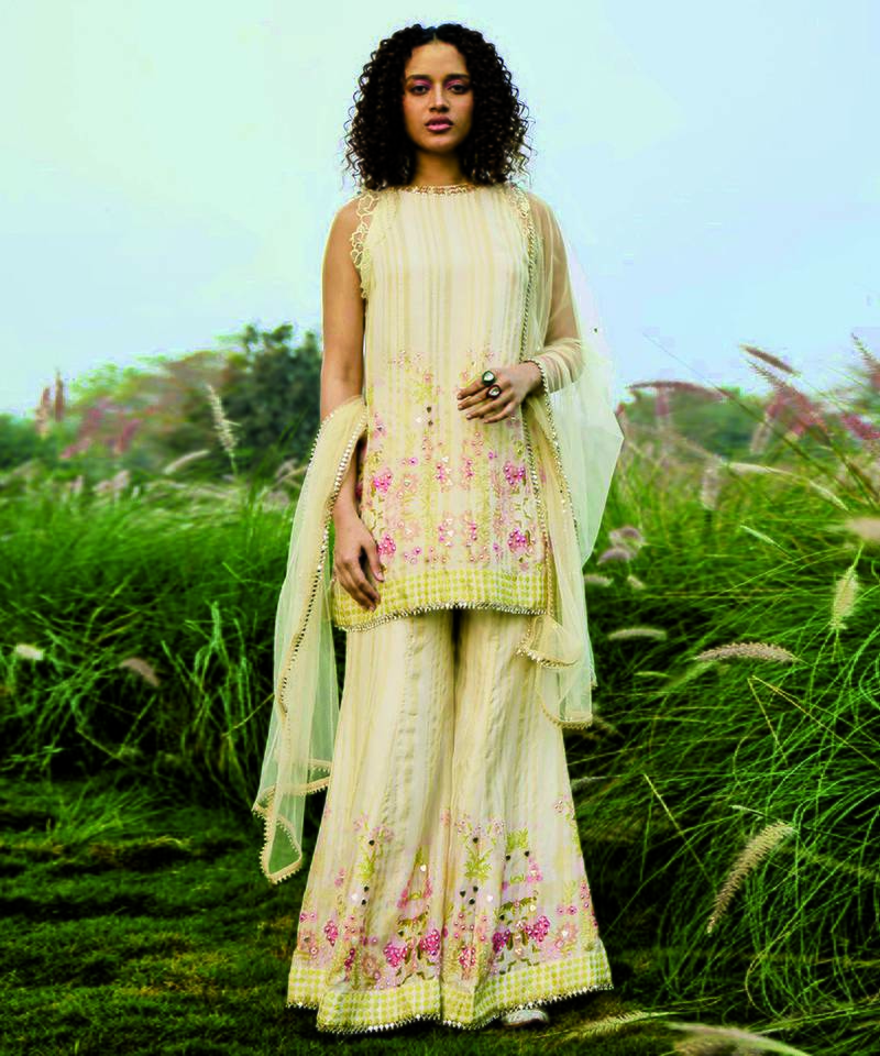 Cream embroidered net sharara set