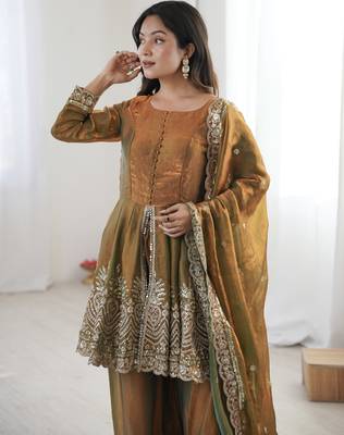 Olive color fendy satin silk embroidery work party wear salwar suit 4