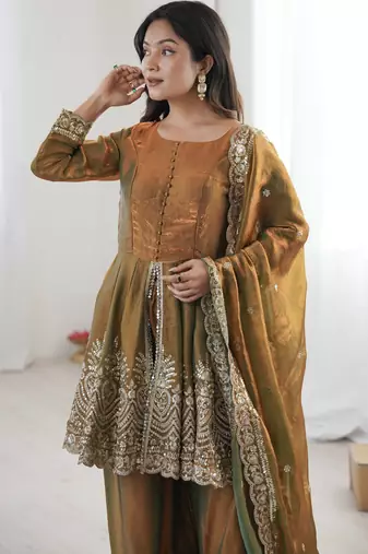 Olive color fendy satin silk embroidery work party wear salwar suit