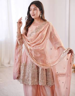 Light peach color fendy satin silk embroidery work party wear salwar suit 2