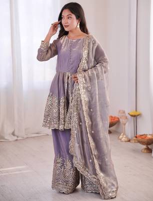 Lavender color fendy satin silk embroidery work party wear salwar suit 4