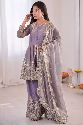 Lavender color fendy satin silk embroidery work party wear salwar suit