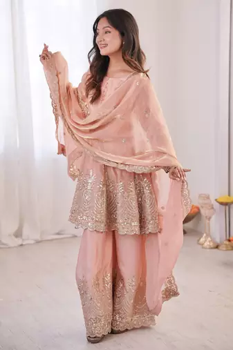 Light peach color fendy satin silk embroidery work party wear salwar suit