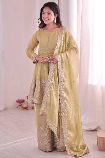 Pista color fendy satin silk embroidery work party wear salwar suit