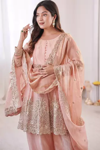 Light peach color fendy satin silk embroidery work party wear salwar suit