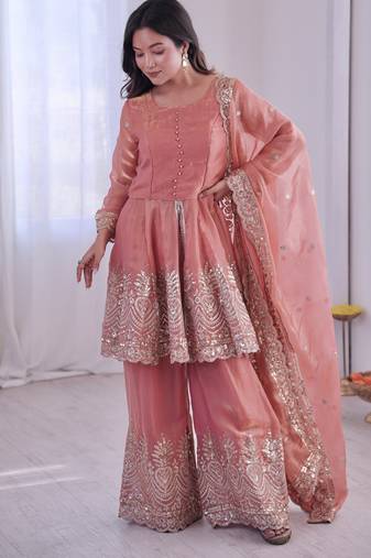 Peach color fendy satin silk embroidery work party wear salwar suit