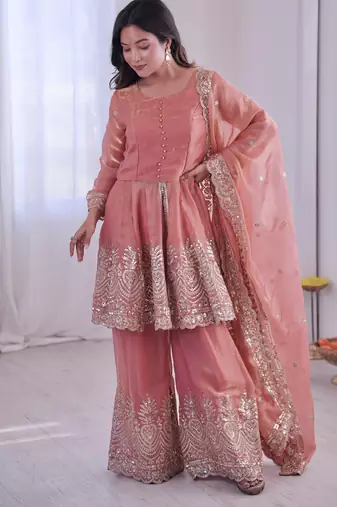 Peach color fendy satin silk embroidery work party wear salwar suit