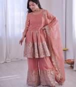 Peach color fendy satin silk embroidery work party wear salwar suit
