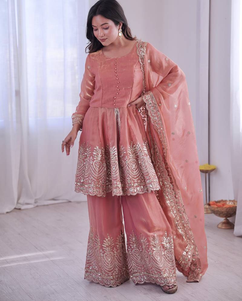 Peach color fendy satin silk embroidery work party wear salwar suit