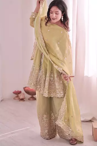 Pista color fendy satin silk embroidery work party wear salwar suit