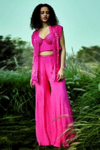 Pink embroidered chiffon co ord set