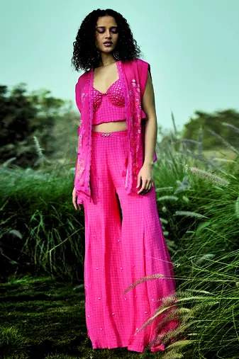 Pink embroidered chiffon co ord set