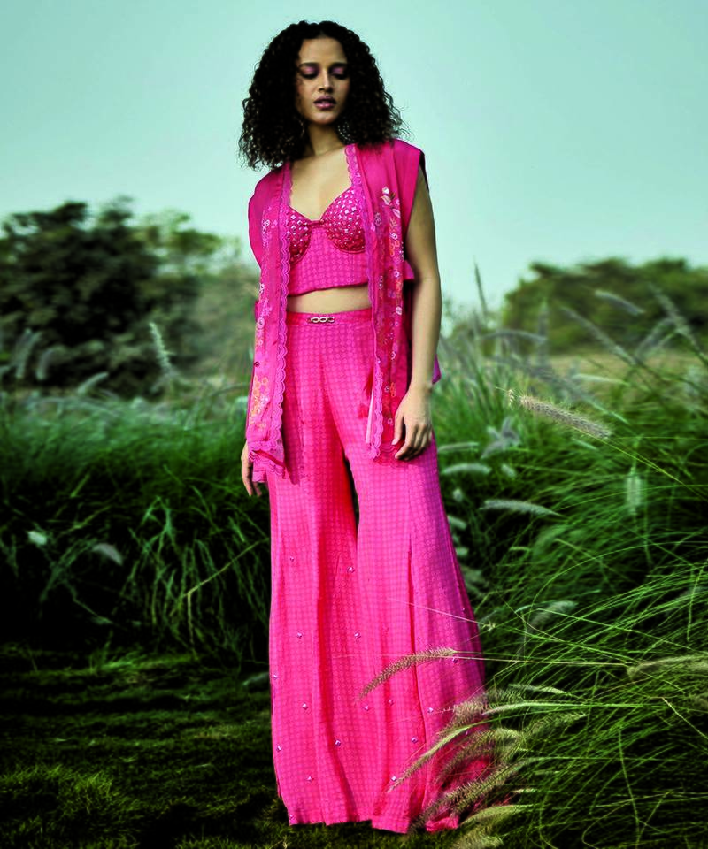 Pink embroidered chiffon co ord set