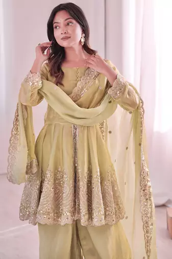 Pista color fendy satin silk embroidery work party wear salwar suit
