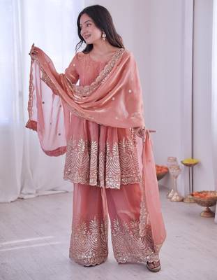 Peach color fendy satin silk embroidery work party wear salwar suit 3