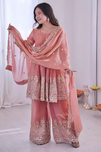 Peach color fendy satin silk embroidery work party wear salwar suit