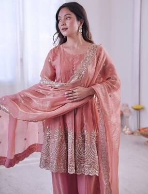 Peach color fendy satin silk embroidery work party wear salwar suit 4