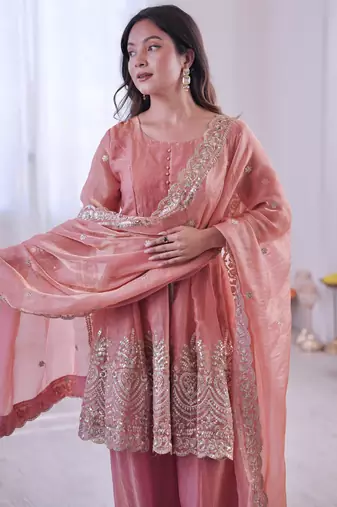 Peach color fendy satin silk embroidery work party wear salwar suit