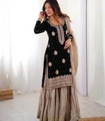 Black Color Coding,Sequence With Pearl Work Chinon Silk Top Bottom Dupatta Set