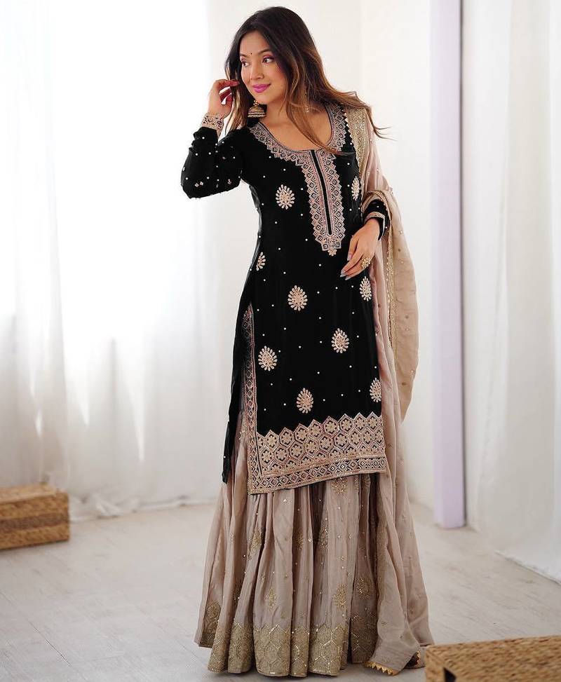 Black Color Coding,Sequence With Pearl Work Chinon Silk Top Bottom Dupatta Set