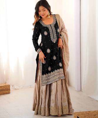 Black Color Coding,Sequence With Pearl Work Chinon Silk Top Bottom Dupatta Set 3