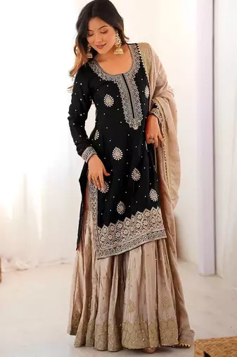 Black Color Coding,Sequence With Pearl Work Chinon Silk Top Bottom Dupatta Set