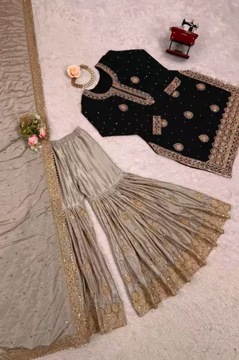Black Color Coding,Sequence With Pearl Work Chinon Silk Top Bottom Dupatta Set