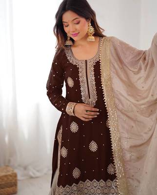 Dark Brown Color Coding,Sequence With Pearl Work Chinon Silk Top Bottom Dupatta Set 2