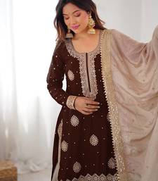 Dark Brown Color Coding,Sequence With Pearl Work Chinon Silk Top Bottom Dupatta Set