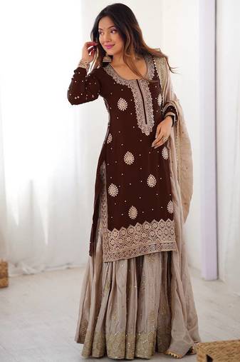 Dark Brown Color Coding,Sequence With Pearl Work Chinon Silk Top Bottom Dupatta Set