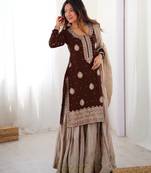 Dark Brown Color Coding,Sequence With Pearl Work Chinon Silk Top Bottom Dupatta Set