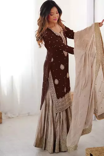 Dark Brown Color Coding,Sequence With Pearl Work Chinon Silk Top Bottom Dupatta Set