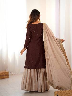Dark Brown Color Coding,Sequence With Pearl Work Chinon Silk Top Bottom Dupatta Set 4