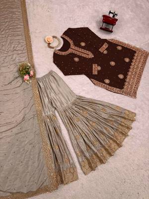 Dark Brown Color Coding,Sequence With Pearl Work Chinon Silk Top Bottom Dupatta Set 5