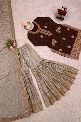 Dark Brown Color Coding,Sequence With Pearl Work Chinon Silk Top Bottom Dupatta Set