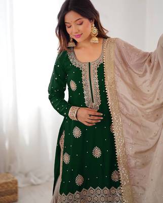 Dark Green Color Coding,Sequence With Pearl Work Chinon Silk Top Bottom Dupatta Set 2
