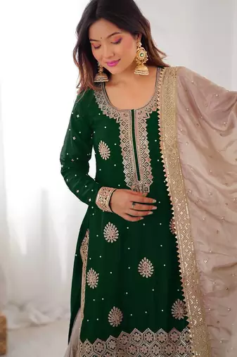 Dark Green Color Coding,Sequence With Pearl Work Chinon Silk Top Bottom Dupatta Set
