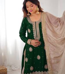 Dark Green Color Coding,Sequence With Pearl Work Chinon Silk Top Bottom Dupatta Set