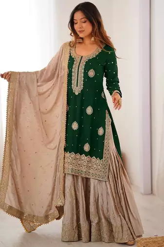 Dark Green Color Coding,Sequence With Pearl Work Chinon Silk Top Bottom Dupatta Set